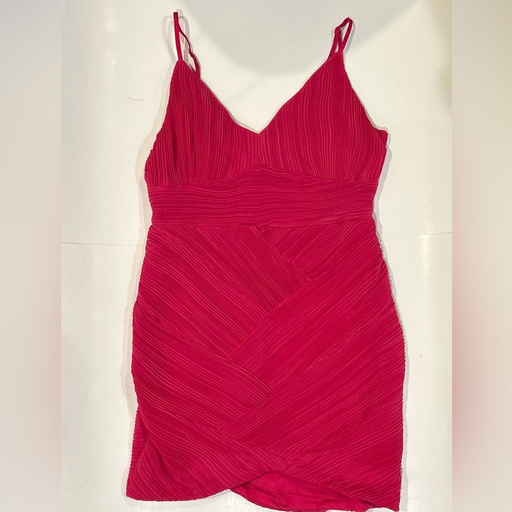 Hot pink v-neck cocktail dress with diagonal ridge pattern and texture